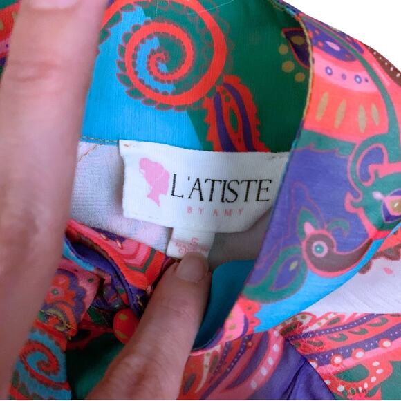 Colorful Pink Paisley Floral Print Long Sleeve Short Dress L’Atiste Small Mini - Picture 6 of 14